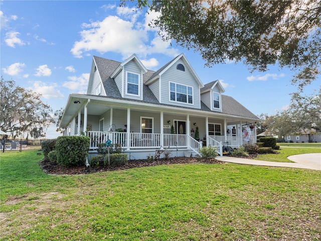 farmhouse inspired home featuring covered porch and a front yard