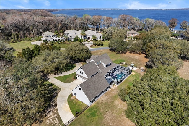 drone / aerial view with a water view