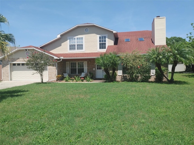 5108 Avignon Ct, Orlando, FL 32839 - view of front of property featuring a front yard, a garage, a chimney, and brick siding