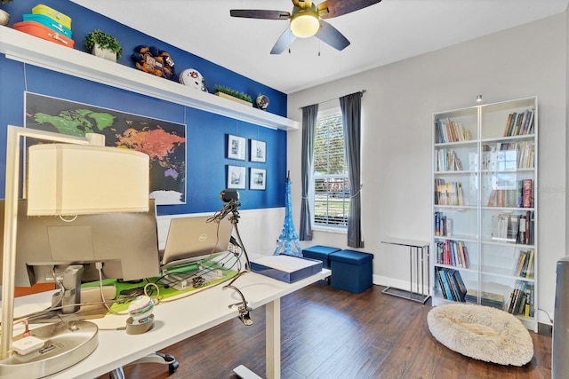 office area featuring dark hardwood / wood-style flooring and ceiling fan