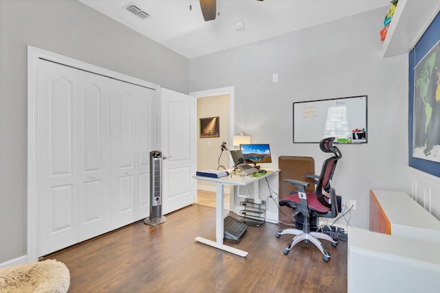 office area with hardwood / wood-style floors and ceiling fan