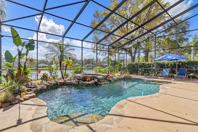 view of swimming pool with a patio and glass enclosure