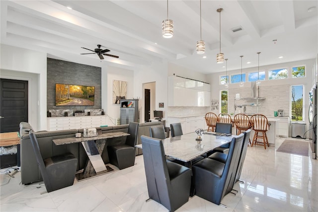 dining room with recessed lighting, marble finish floor, visible vents, and beamed ceiling