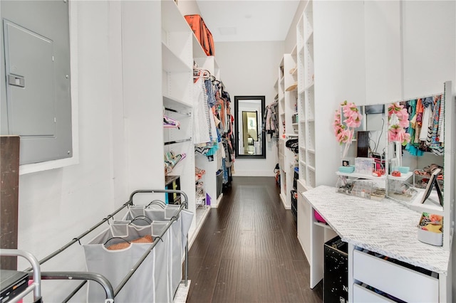 interior space featuring light countertops, dark wood-style flooring, and electric panel