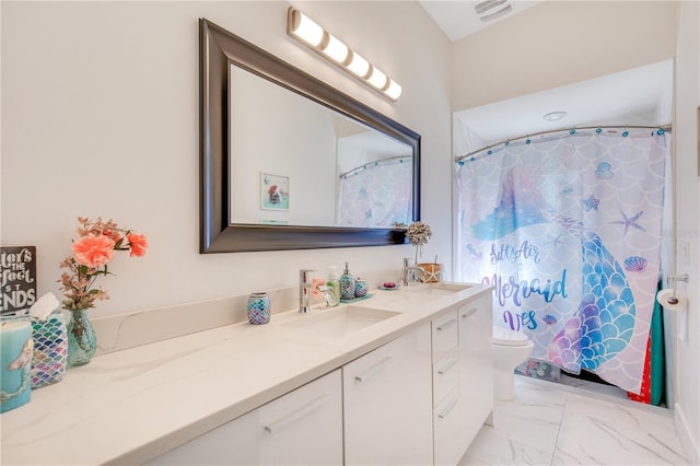 full bathroom with curtained shower, toilet, vanity, visible vents, and marble finish floor