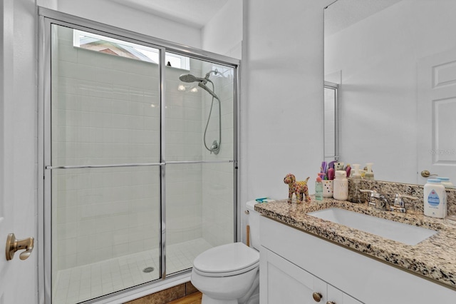 full bathroom with toilet, a shower stall, and vanity