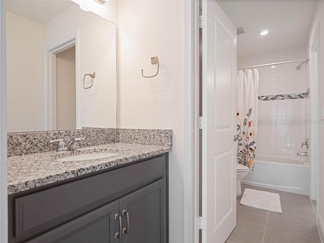 bathroom featuring shower / tub combo, visible vents, toilet, tile patterned flooring, and vanity