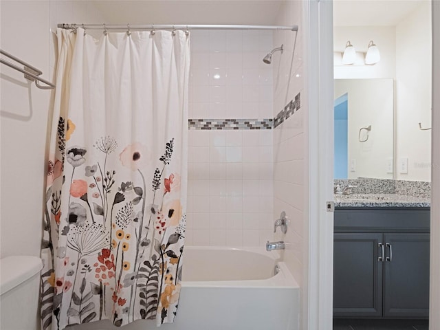 full bathroom with toilet, shower / bath combination with curtain, and vanity