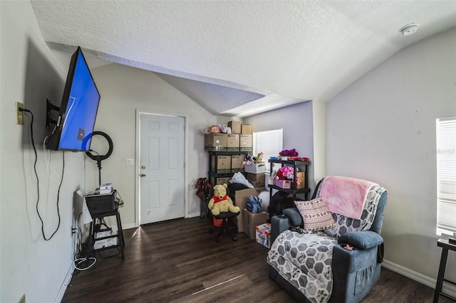 living area with lofted ceiling, baseboards, dark wood finished floors, and a textured ceiling