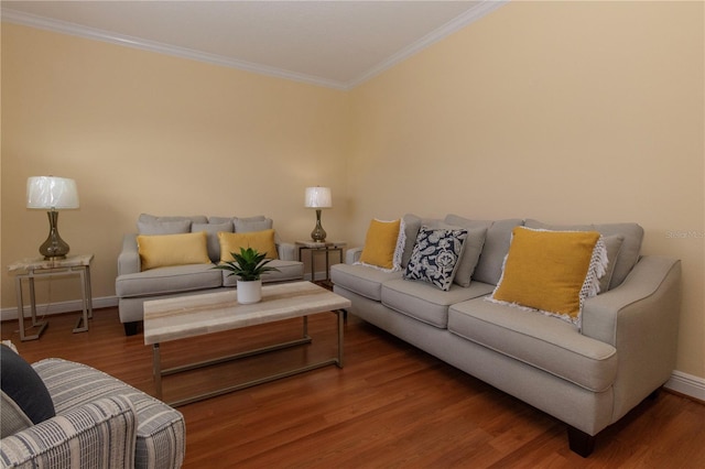 living room with crown molding and wood-type flooring