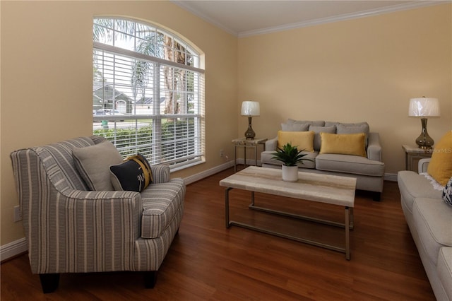 living room featuring crown molding, a wealth of natural light, and dark hardwood / wood-style flooring