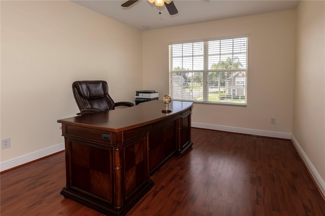 office featuring dark hardwood / wood-style flooring and ceiling fan