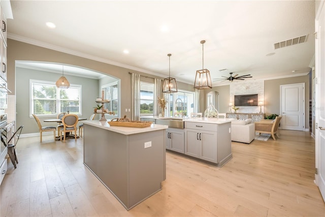7515 John Hancock Dr, Winter Garden, FL 34787 - kitchen with gray cabinets, open floor plan, a center island with sink, visible vents, and a sink