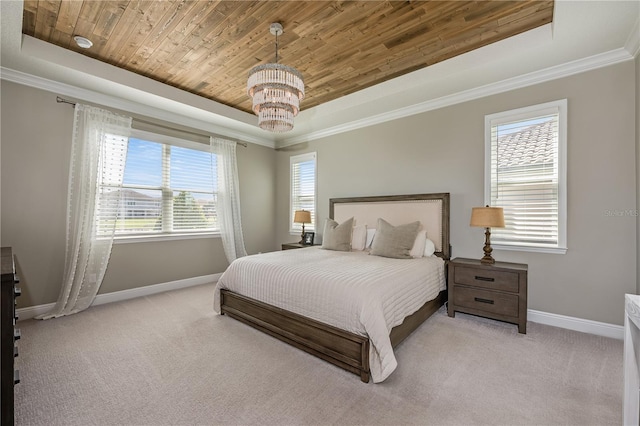 7515 John Hancock Dr, Winter Garden, FL 34787 - carpeted bedroom featuring baseboards, a raised ceiling, wooden ceiling, and a notable chandelier
