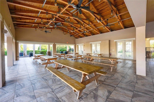 7515 John Hancock Dr, Winter Garden, FL 34787 - dining room with french doors, wood ceiling, high vaulted ceiling, and ceiling fan