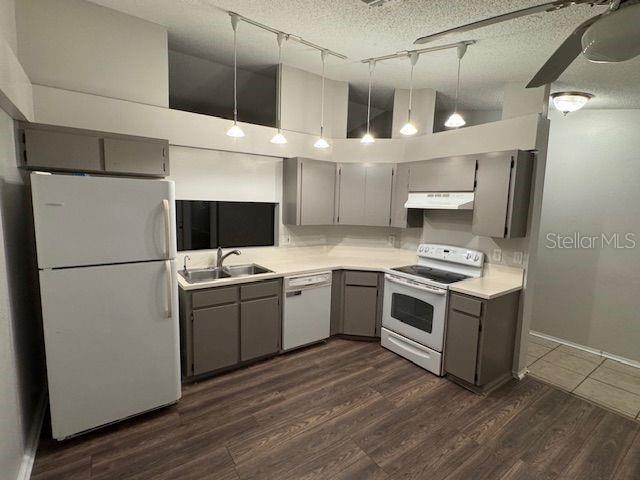 kitchen featuring under cabinet range hood, white appliances, a sink, gray cabinets, and dark wood-style floors