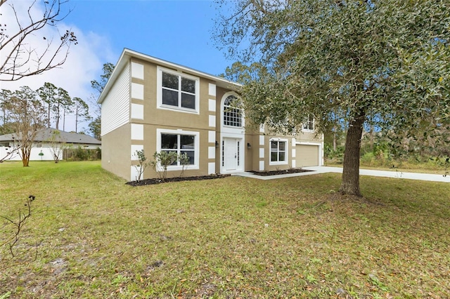 view of front facade featuring a garage, concrete driveway, a front lawn, and stucco siding