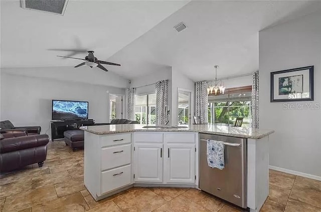 kitchen featuring visible vents, stainless steel dishwasher, open floor plan, a healthy amount of sunlight, and a sink