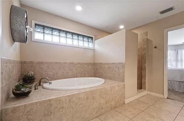 full bath featuring a bath, visible vents, recessed lighting, a walk in shower, and tile patterned flooring