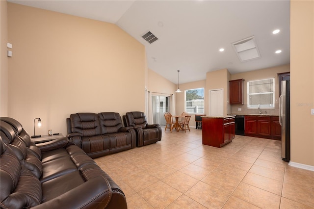 living area with lofted ceiling, light tile patterned flooring, recessed lighting, visible vents, and baseboards