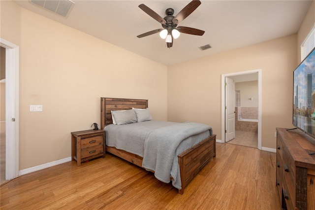 bedroom with a ceiling fan, baseboards, visible vents, and light wood finished floors