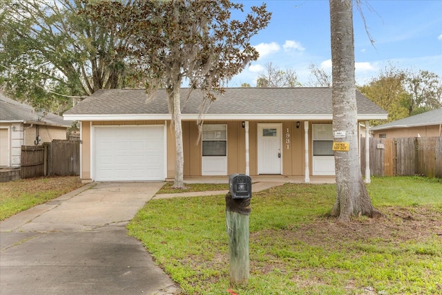 single story home with a front yard, driveway, an attached garage, and fence