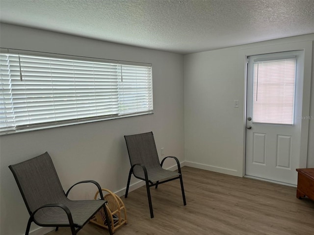 living area featuring hardwood / wood-style floors and a textured ceiling