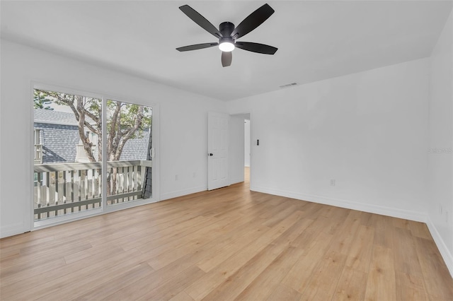 spare room with ceiling fan and light hardwood / wood-style flooring