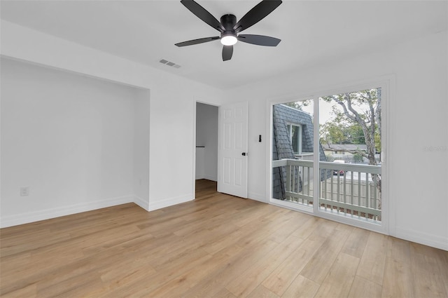 unfurnished room featuring ceiling fan and light hardwood / wood-style flooring