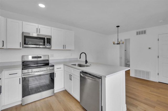 kitchen with sink, decorative light fixtures, kitchen peninsula, stainless steel appliances, and white cabinets