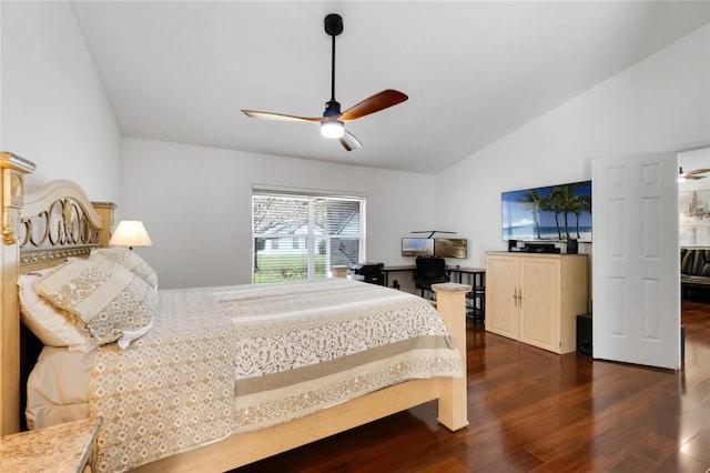 bedroom featuring a ceiling fan, lofted ceiling, and dark wood finished floors