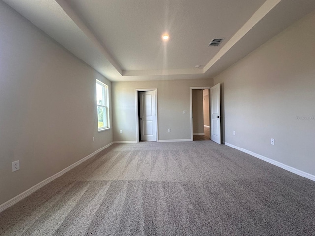 unfurnished room featuring a tray ceiling and carpet