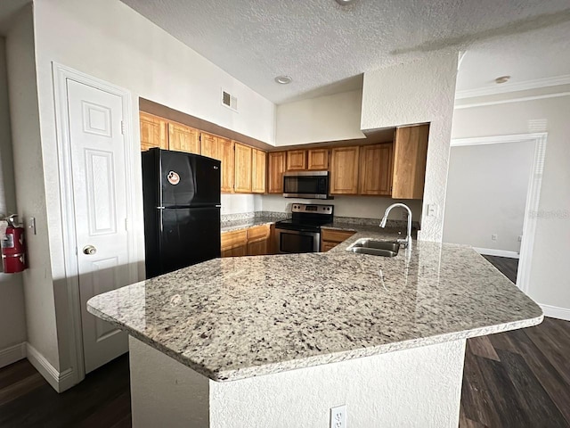 kitchen with sink, dark hardwood / wood-style flooring, light stone counters, kitchen peninsula, and stainless steel appliances