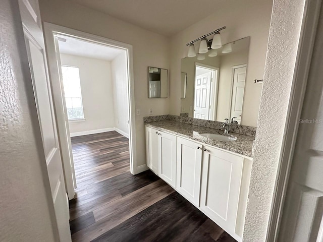 bathroom featuring vanity and hardwood / wood-style floors