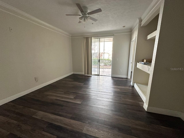 unfurnished room featuring crown molding, ceiling fan, dark hardwood / wood-style floors, and a textured ceiling