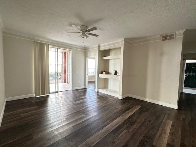 unfurnished living room featuring ornamental molding, a textured ceiling, ceiling fan, and dark hardwood / wood-style flooring