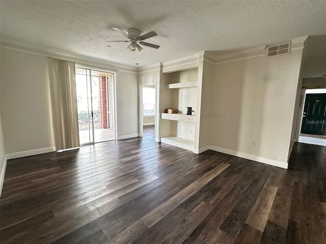 unfurnished living room with dark wood-type flooring, ceiling fan, crown molding, and a textured ceiling