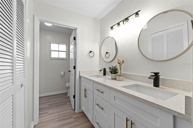 bathroom featuring vanity, hardwood / wood-style floors, and toilet