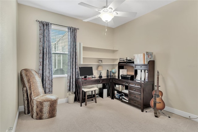 carpeted office with ceiling fan