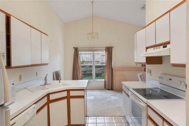 kitchen with white appliances, sink, hanging light fixtures, and white cabinets