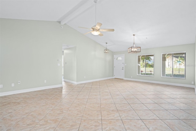 tiled spare room with beamed ceiling, ceiling fan with notable chandelier, and high vaulted ceiling