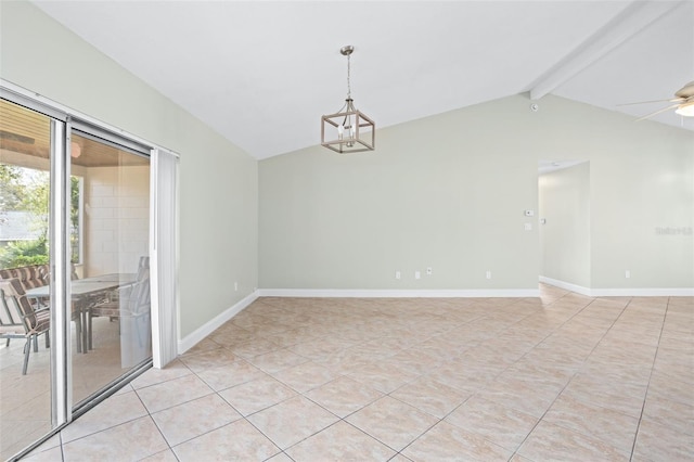 empty room featuring ceiling fan with notable chandelier, light tile patterned flooring, and lofted ceiling with beams