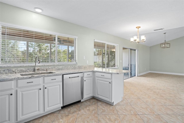 kitchen with decorative light fixtures, sink, white cabinets, stainless steel dishwasher, and kitchen peninsula