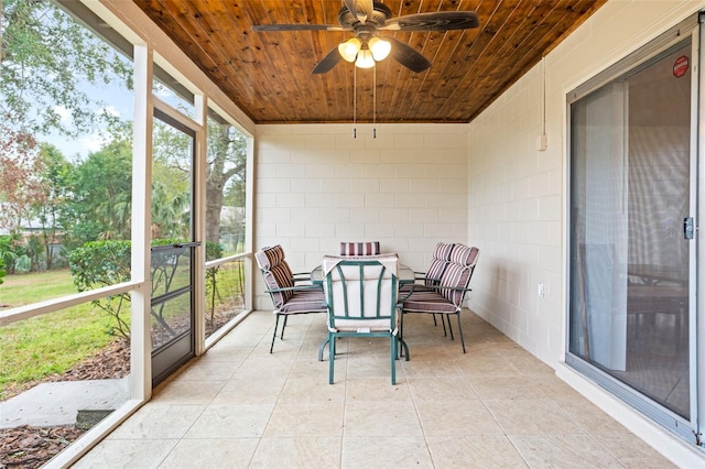 sunroom with ceiling fan and wood ceiling