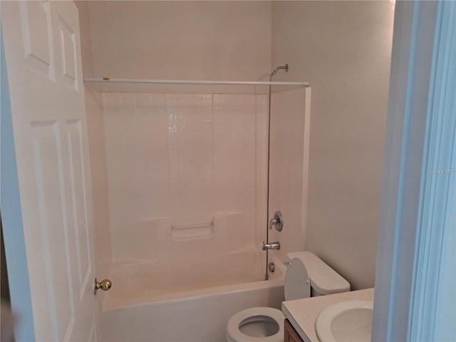 full bathroom with toilet, vanity, and shower / tub combination