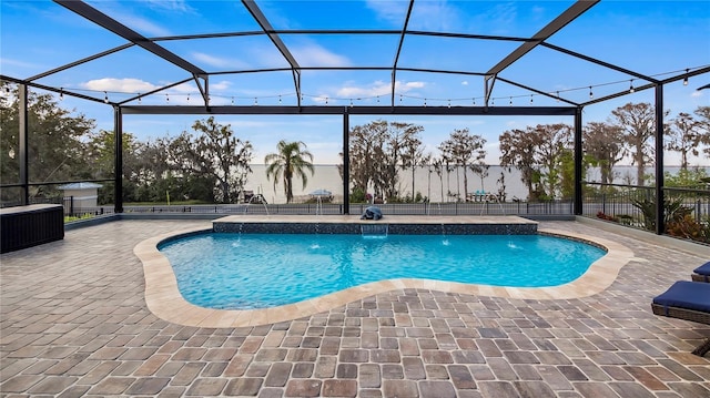 view of swimming pool featuring a fenced in pool, a lanai, a patio, and fence