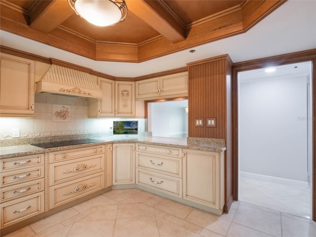 kitchen featuring ornamental molding, backsplash, black electric cooktop, coffered ceiling, and custom exhaust hood