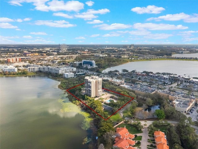 drone / aerial view featuring a water view