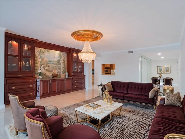 living room with a chandelier