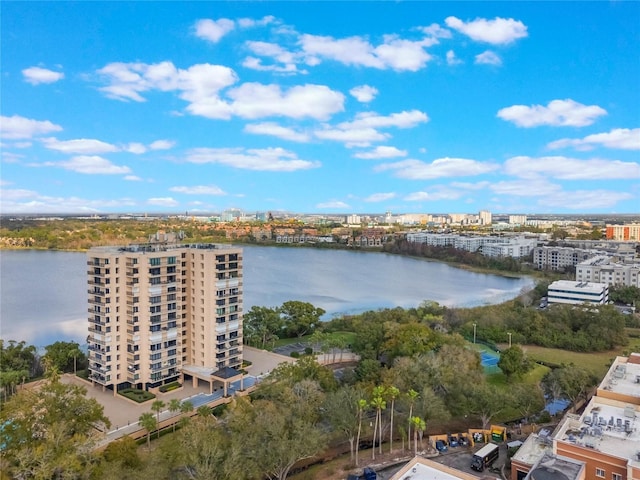 drone / aerial view featuring a water view